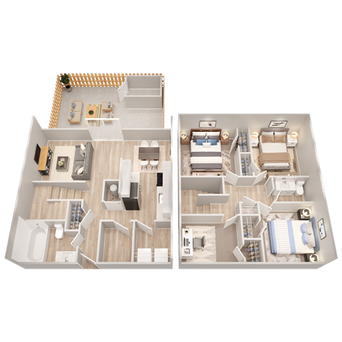 two views of a 3d floor plan of a 2100 sq ft apartment